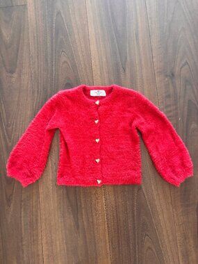 H&M Red Fuzzy Heart Button Cardigan - Size 5/6